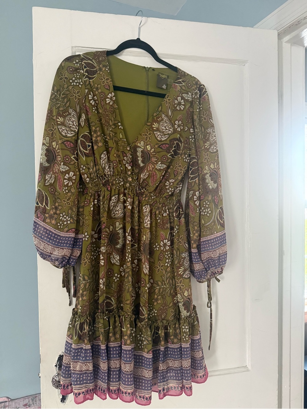 Taylor Olive Green Floral Tiered Dress with Purple Trim